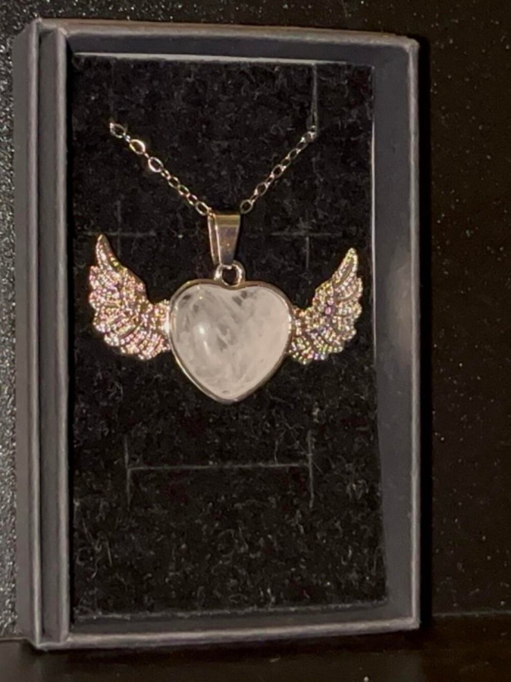 Silver Heart Pendant Necklace with Rhinestone Wings, Angel Necklace